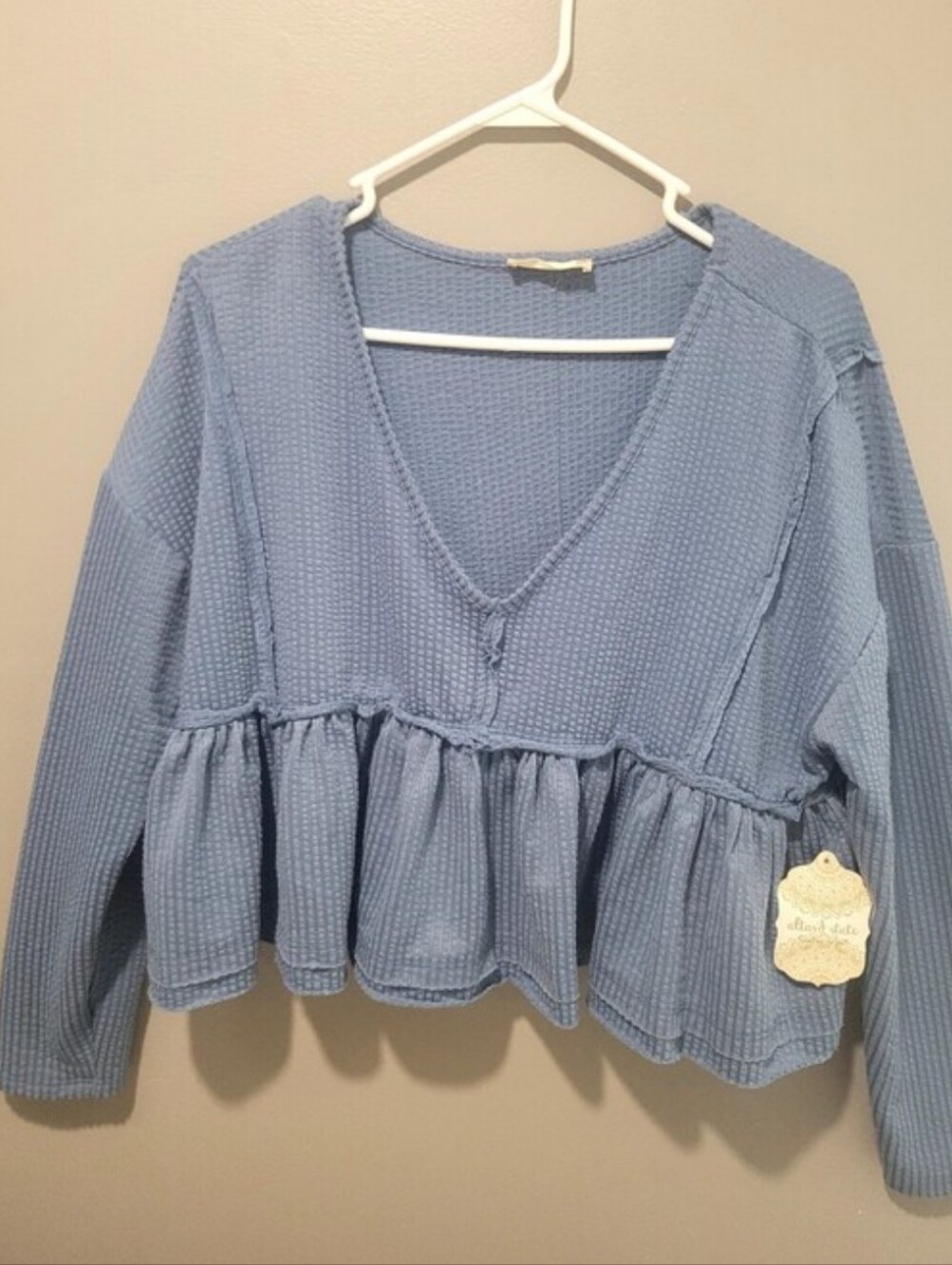 Nwt $40 Altar'd State Blue Waffle Knit Peplum Short Ruffle V-Neck Top Sz M